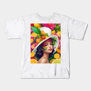 А woman with a white hat and some colorful fruity Kids T-Shirt